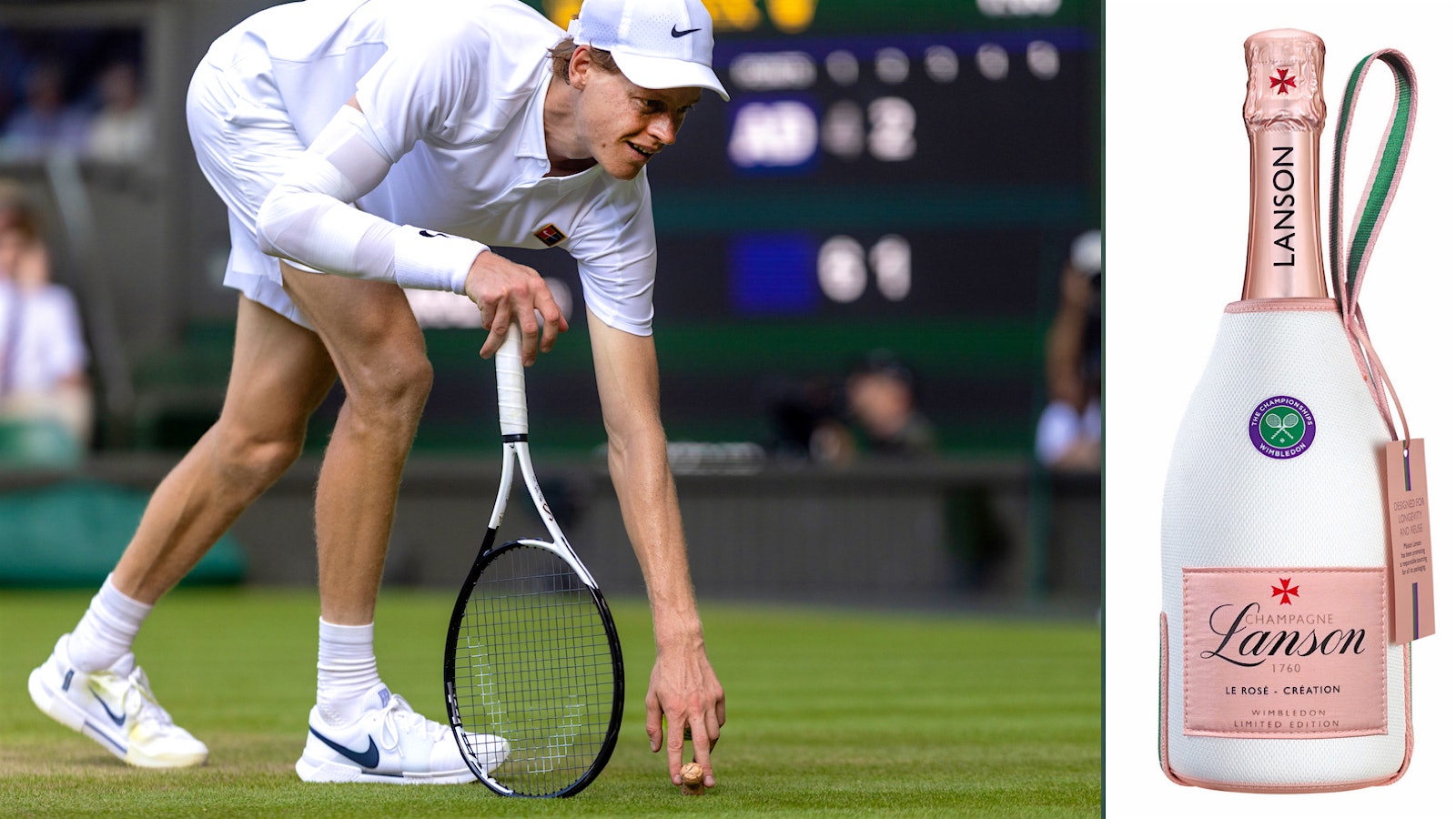 Tennis wunderkind Jannik Sinner picks a Champagne cork up off the grass at the 2025 Wimbledon final